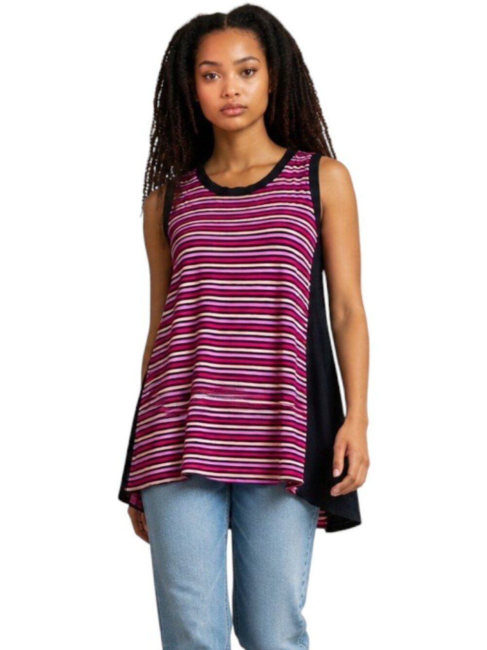 DKNY Striped Modal Swing Tunic Tank Colorblock Pink Black Asymmetric Hem Size L
